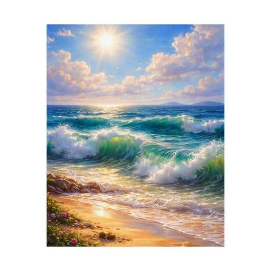 Roaring Sea Matte Vertical Poster — Sunlit Ocean Wall Art for Living Room