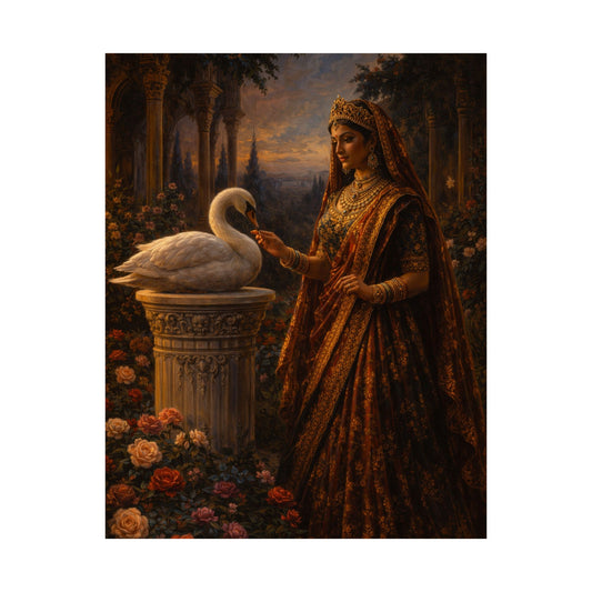 Satin Art Poster — Regal Maiden & Swan Painting (300gsm)