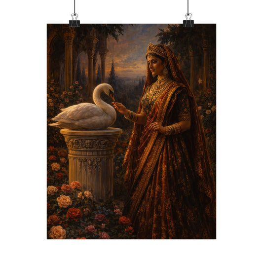 Satin Art Poster — Regal Maiden & Swan Painting (300gsm)