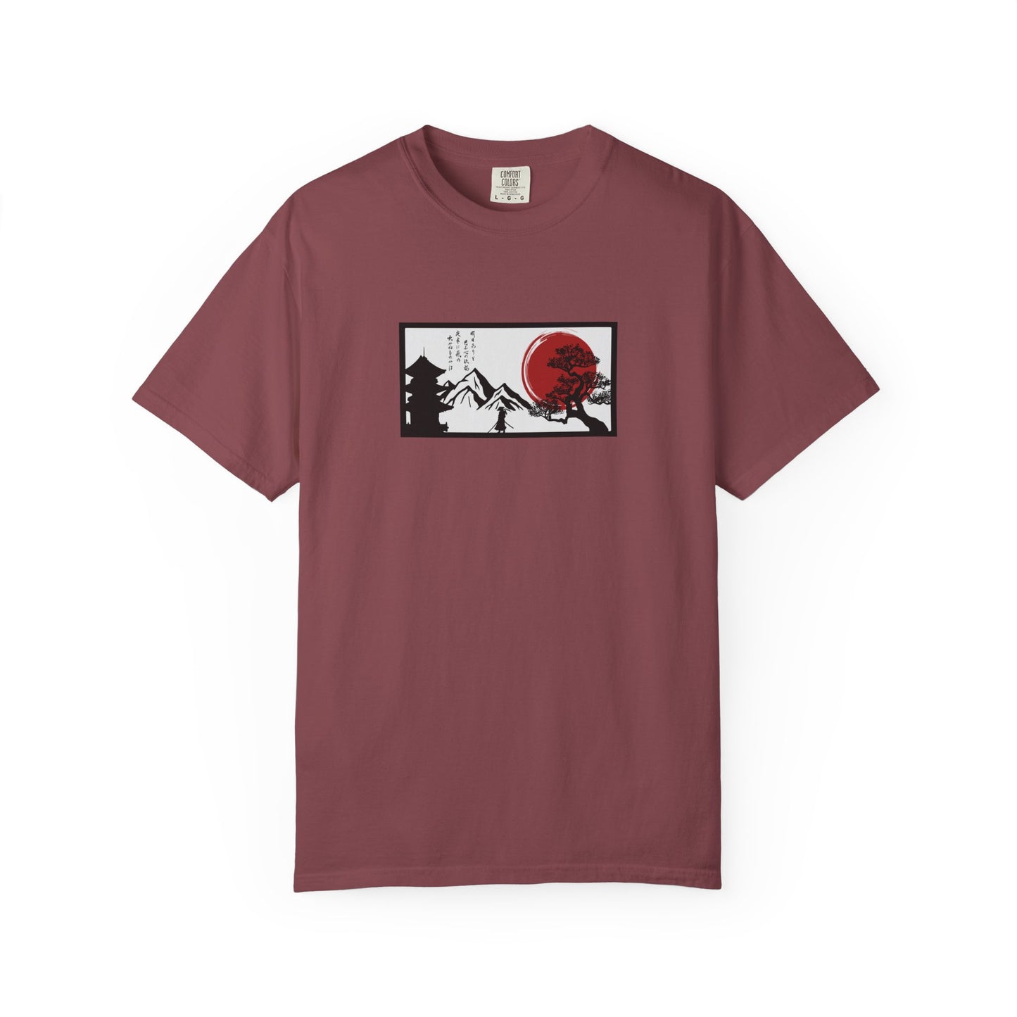 Japanese Sunset Mountain T-Shirt — Rising Sun & Pagoda Graphic